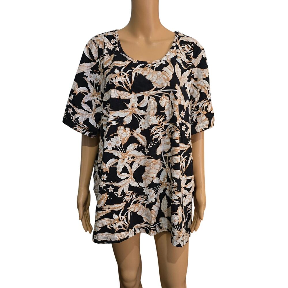 Denim & Co Black Top with White and Gold Palm Print 3X NWOT